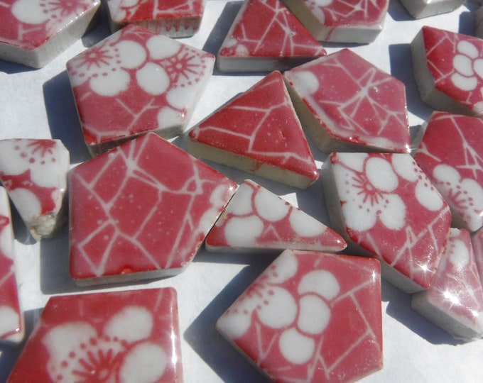 Red with White Flowers - Chunky Tiles in Assorted Puzzle Sizes - Half Pound