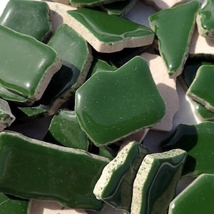 May include: A collection of irregularly shaped, glossy, dark green ceramic tiles. The tiles have a smooth, reflective surface and are broken, revealing a light-colored, textured underside. The pieces are scattered, creating a mosaic effect.