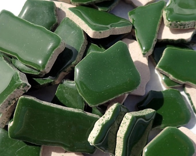 Dark Green Mosaic Ceramic Tiles - Jigsaw Puzzle Shaped Pieces - Half Pound - Pesto