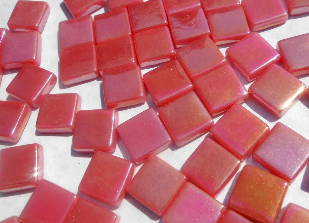 Watermelon Red Iridescent Glass Mosaic Tiles - 12mm - 50g - Approx 35 ...