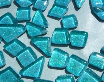 Poolside Blue Glitter Puzzle Tiles - 100 grams in Assorted Shapes Glass Mosaic Tiles