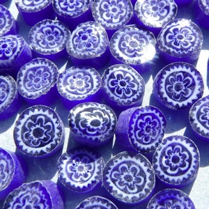 White Flowers in Deep Blue Millefiori - 25 grams - Unique Mosaic Glass Tiles - Floral Pattern