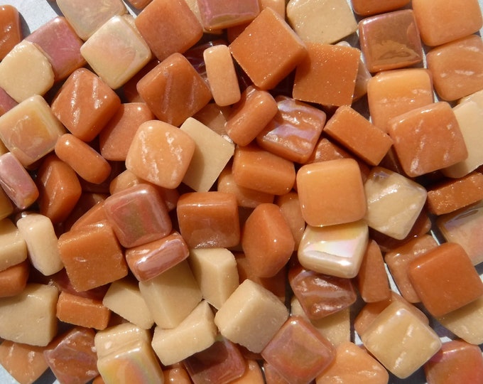 Caramel Mix Mini Glass Tiles - 8mm Square - 50g Mix of Bright and Pale Brown Iridescent and Matte Tiles