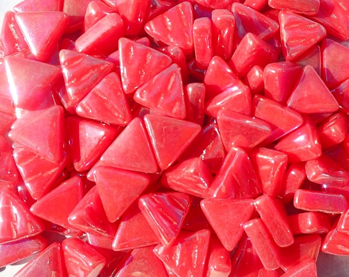 Small Watermelon Red Triangle Iridescent Glass Tiles - 10mm - 50g