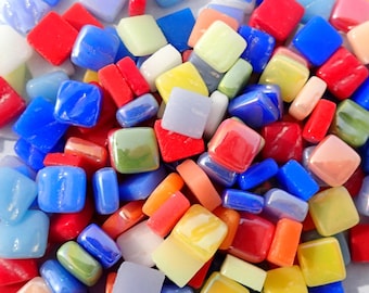 Bright Colors Mix Mini Glass Tiles - 8mm Square - 50g - Mix of Iridescent and Matte Tiles in Assorted Colors