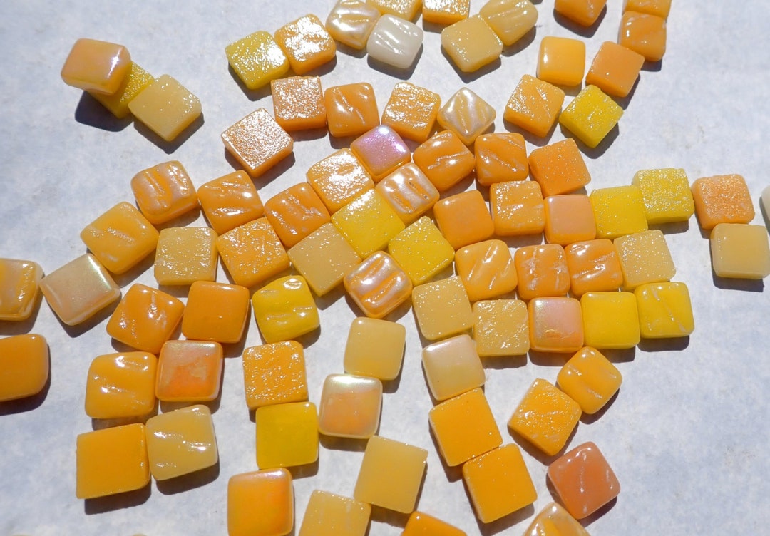 Yellow Mustards Mix Mini Glass Tiles 8mm Square 50 Grams Opaque Glass