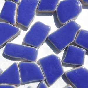 May include: A collection of small, irregular shaped, blue ceramic tiles. The tiles are scattered on a white surface.