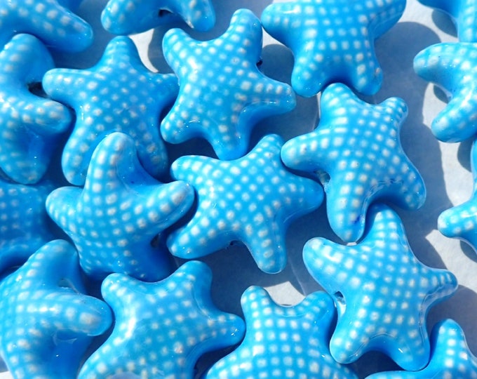 Light Blue Starfish Beads - Ceramic Mosaic Tiles - 10 Puffy Beads - Sea Stars