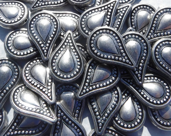 Large Metallic Tear Drop Beads - Silver-Toned 25mm Detailed Beads