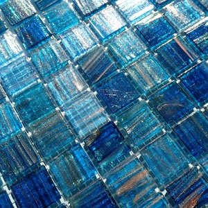 Water Blue with Gold Vein Glass Mosaic Tiles Squares - 3/4 inch - 25 Tiles