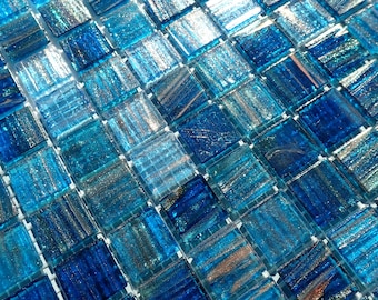 Water Blue with Gold Vein Glass Mosaic Tiles Squares - 3/4 inch - 25 Tiles