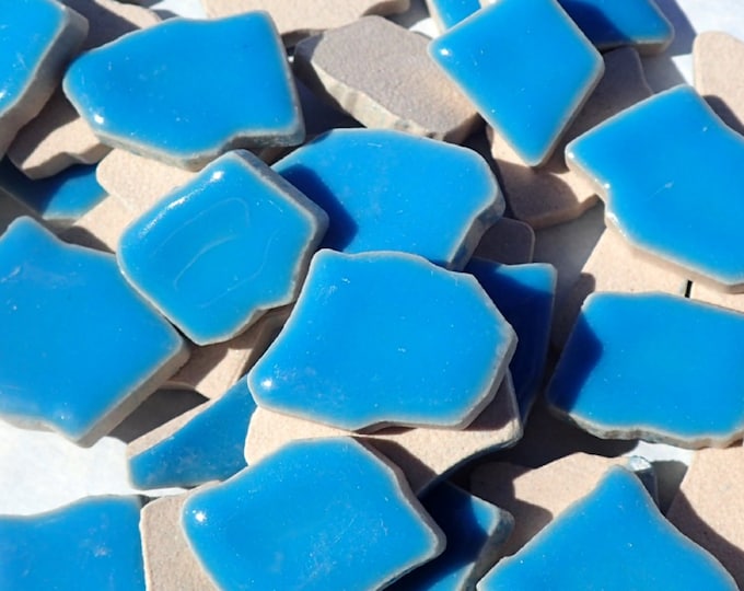 Mediterranean Blue Mosaic Ceramic Tiles - Jigsaw Puzzle Shaped Pieces - Half Pound - Thalo Blue