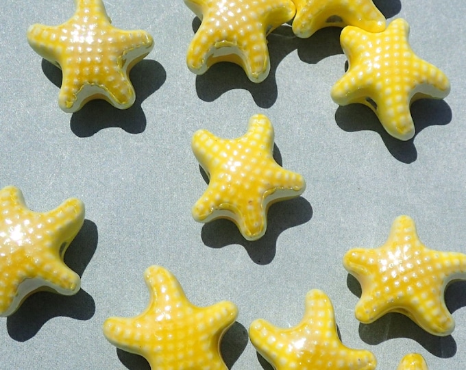 Bright Yellow Starfish Ceramic Beads - 10 Puffy Beads