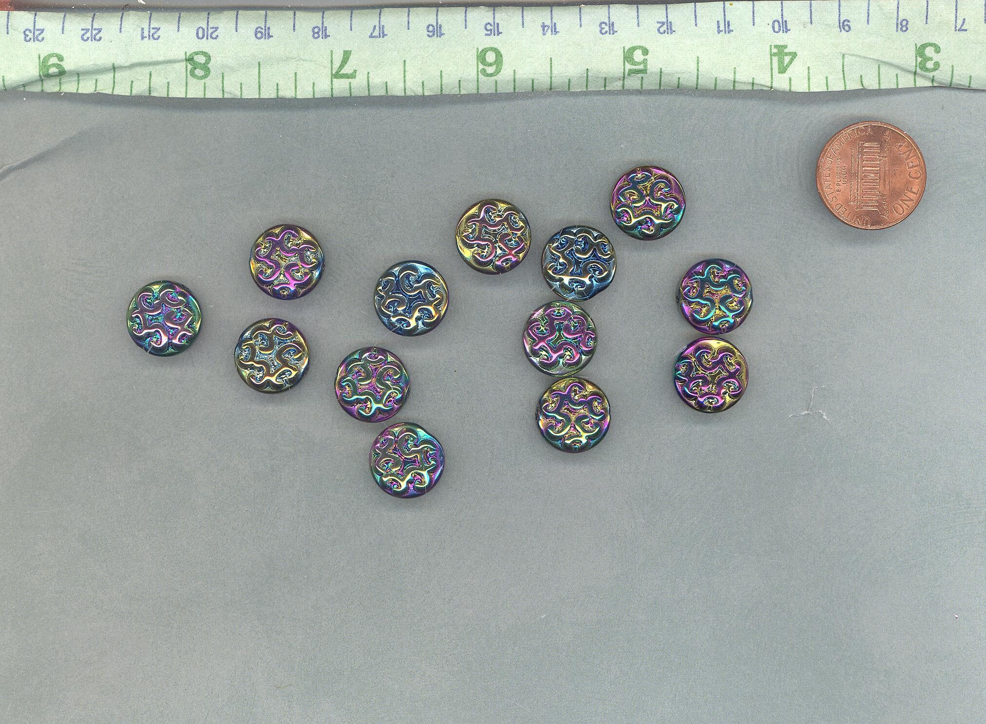 Metallic Glass Beads with Carved Design Rainbow Colors 13mm Set