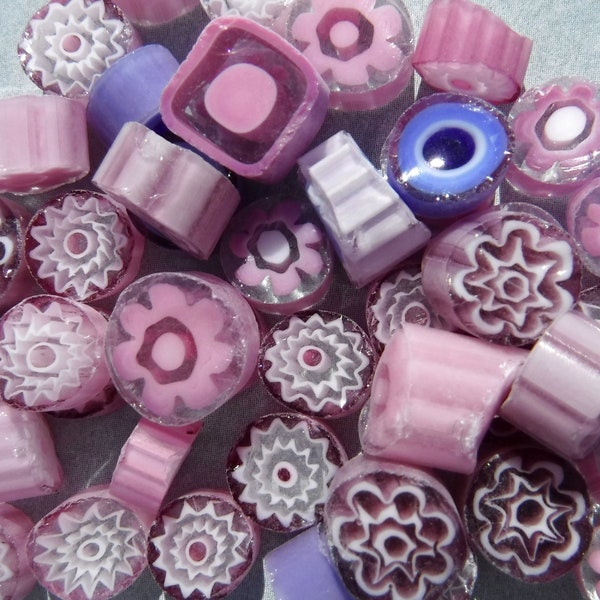 Pink and Purple Millefiori - 25 grams - Unique Mosaic Glass Tiles - Mix of Patterns