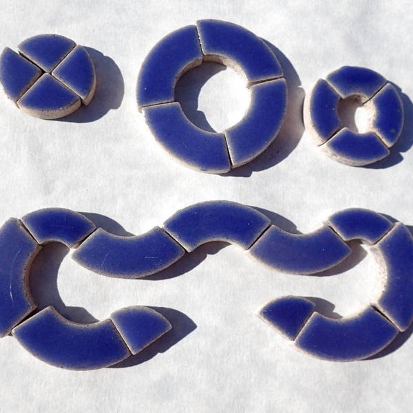 Denim Blue Bullseye Mosaic Tiles - 50g Ceramic Circle Parts in Mix of 3 Sizes in Delphinium