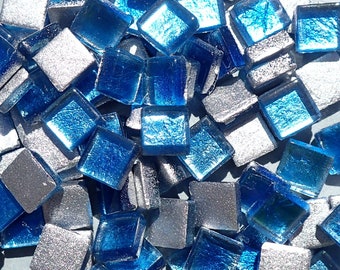 Blue Foil Square Crystal Tiles - 10mm - 50g Metallic Glass Tiles