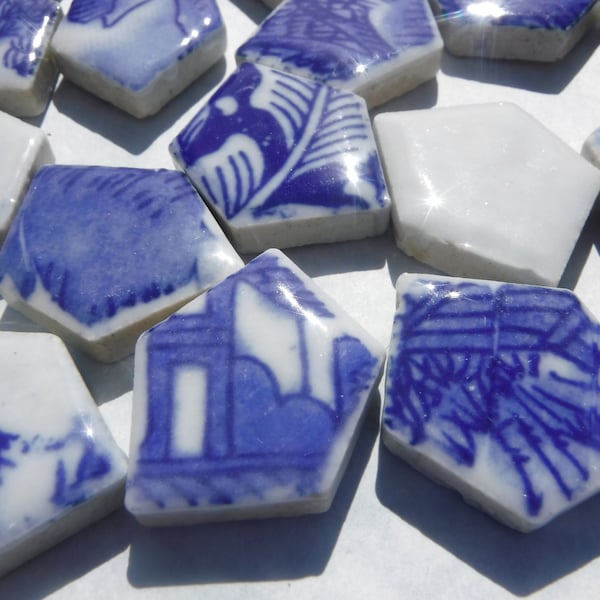 Blue and White Chunky Mosaic Tiles with Vintage Village Patterns - Half Pound