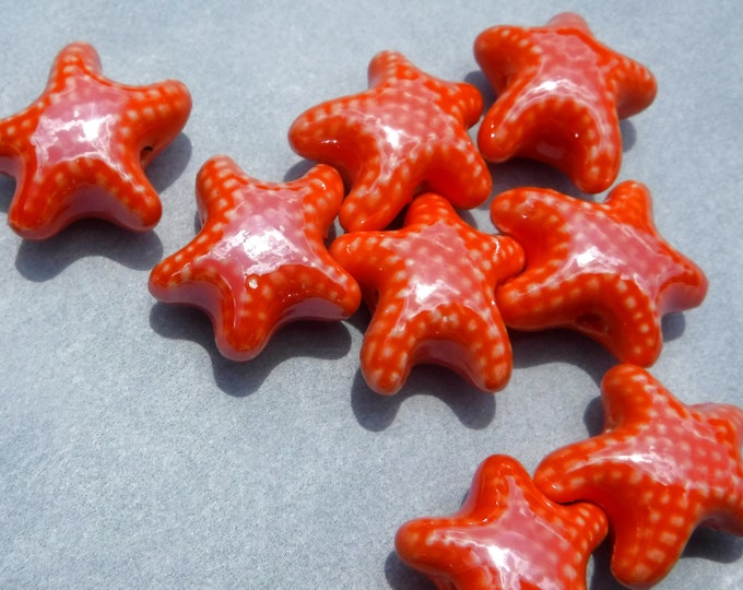 Orange Starfish Beads - Ceramic Mosaic Tiles - 10 Puffy Sea Stars - Jewelry Supplies