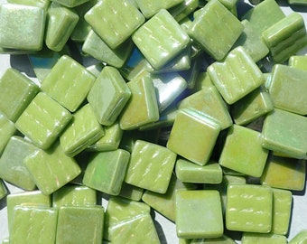 Green Iridescent Glass Square Mosaic Tiles - 12mm - Opaque Glass Solid Color - 50g in Grass Green - Approx 35 Tiles