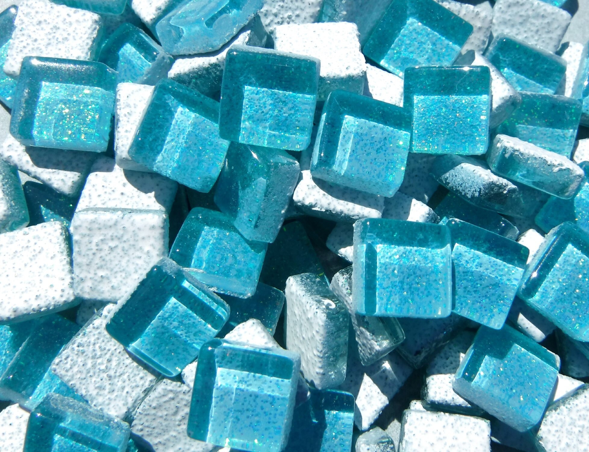 Poolside Blue Glitter Glass Mosaic Tiles - 1 cm - 100g - Over 100 Metallic Squares