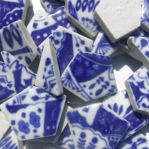 White Decorative Details on Deep Blue Chunky Porcelain Mosaic Tiles - Half Pound