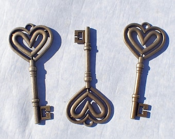 Heart Keys - Set of 3 New Bronze Toned Skeleton Keys Charms for Mosaics Mixed Media Art Jewelry Findings