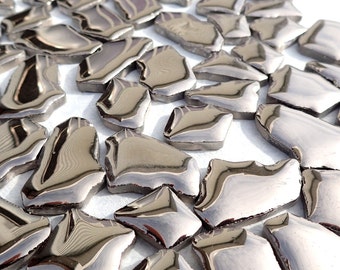 Shiny Silver Mosaic Ceramic Tiles - Random Shapes Metallic - 100g - Assorted Sizes Jigsaw Pieces