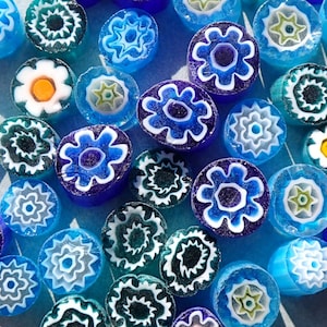 By the Sea Blue Millefiori - 25 grams - Unique Mosaic Glass Tiles - Mix of Different Floral Patterns