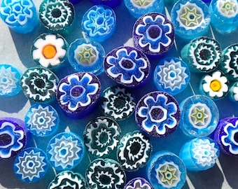 By the Sea Blue Millefiori - 25 grams - Unique Mosaic Glass Tiles - Mix of Different Floral Patterns