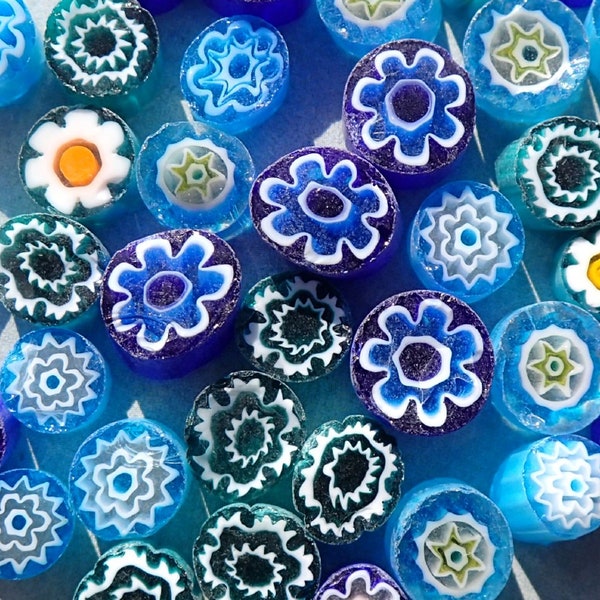 By the Sea Blue Millefiori - 25 grams - Unique Mosaic Glass Tiles - Mix of Different Floral Patterns