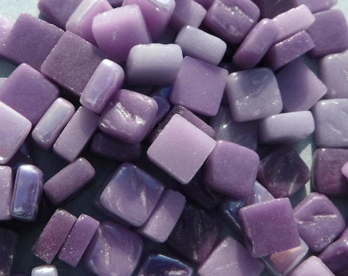 Plenty of Purple Mix Mini Glass Tiles - 8mm Square - 50 grams - Mix of Iridescent and Matte Tiles