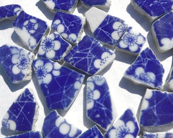 White Flowers on Deep Blue Chunky Floral Mosaic Tiles - Half Pound