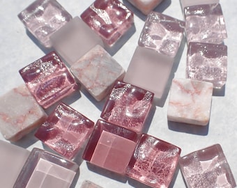 Romantic Pink Mix Glass and Marble Mosaic Tiles - 25 Squares in Shabby Shades - 15mm