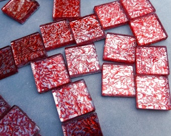 Red Foil Square Tiles - 25 Glass Mosaic Tiles - 20mm