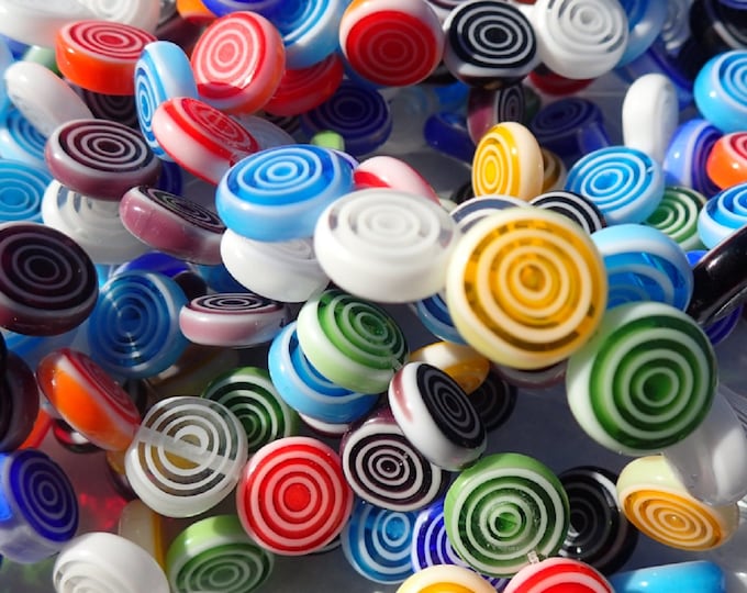 Round Flat Millefiori Glass Beads - Assorted Colors with White Circles - 12mm