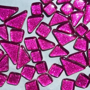 Dark Pink Glitter Puzzle Tiles - 100 grams in Assorted Shapes Glass Mosaic Tiles in Fuchsia