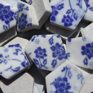 Blue and White Dainty Flowers - Chunky Mosaic Tiles - Half Pound