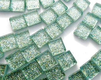 Jungle Green Glitter Tiles - 1 cm - Use for Mosaic Jewelry Crafts - 100 Metallic Small Glass Mosaic Tiles in Pale Green