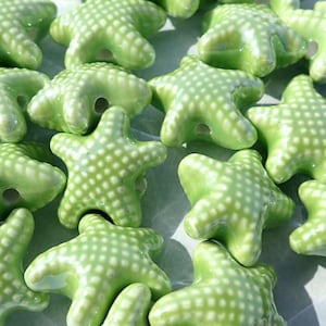 Lime Green Starfish Beads - Ceramic Mosaic Tiles - 10 Puffy Sea Stars