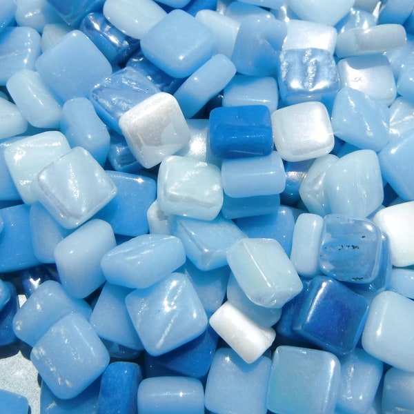 Blue Water Mix Mini Glass Tiles - 8mm Square - 50 grams Opaque Glass Solid Color Mix of Bright and Pale Iridescent and Matte Tiles