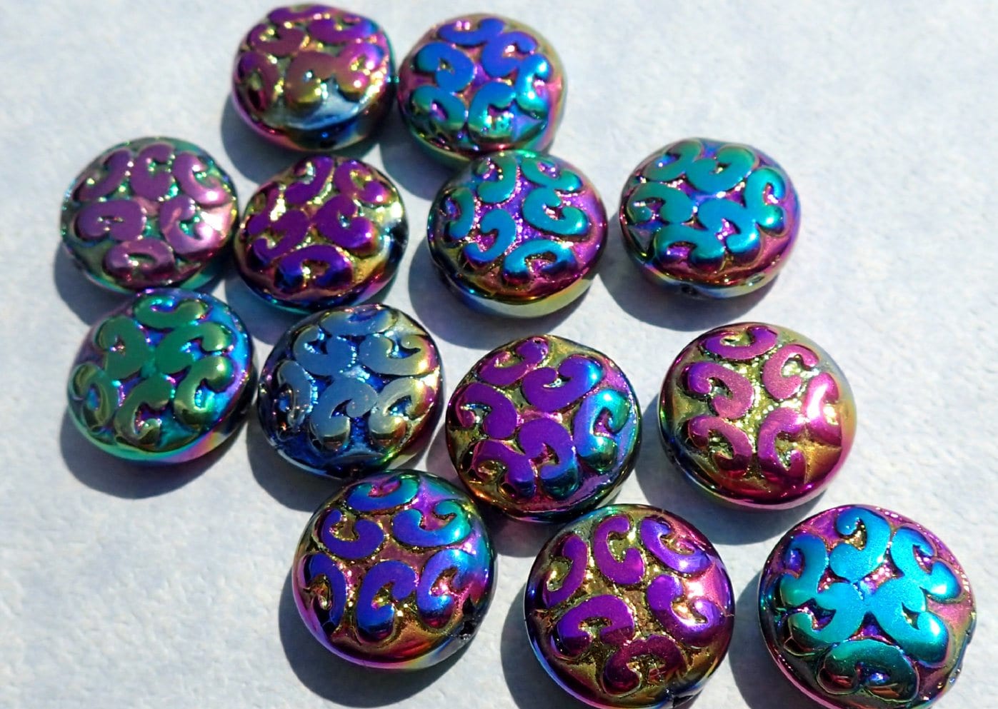 Metallic Glass Beads with Carved Design - Rainbow Colors - 13mm - Set
