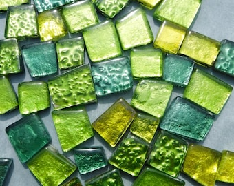 Green and Yellow Glass Tiles - Metallic Foil - Assorted Shapes - 50 grams