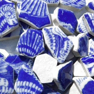 Blue and White Chunky Mosaic Tiles with Sea Shell Patterns - Half Pound