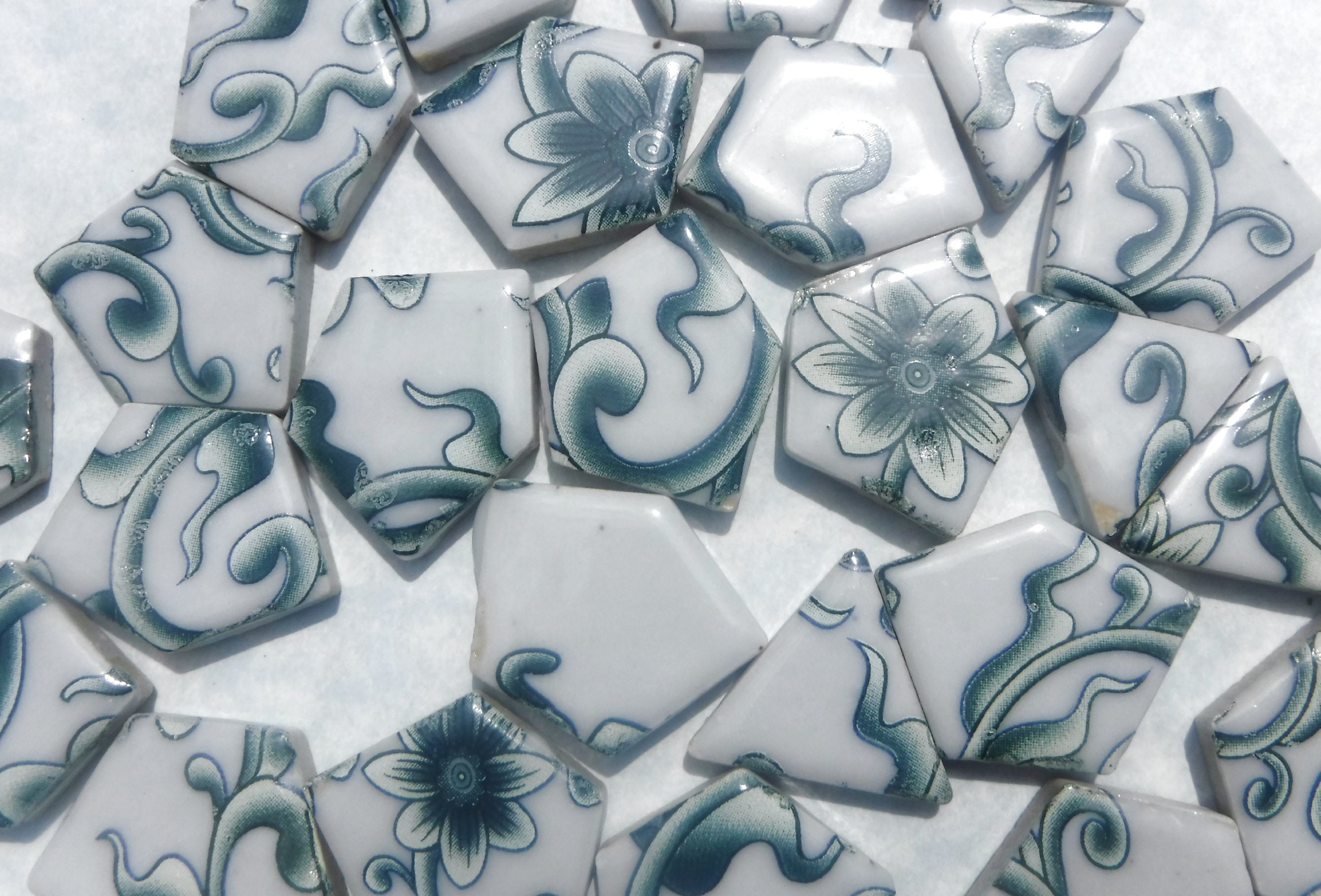 Green and White Flowering Vines Chunky Mosaic Tiles