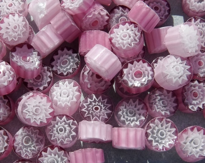 White Flowers in Pink Millefiori - 25 grams - Unique Mosaic Glass Tiles -  Floral Pattern