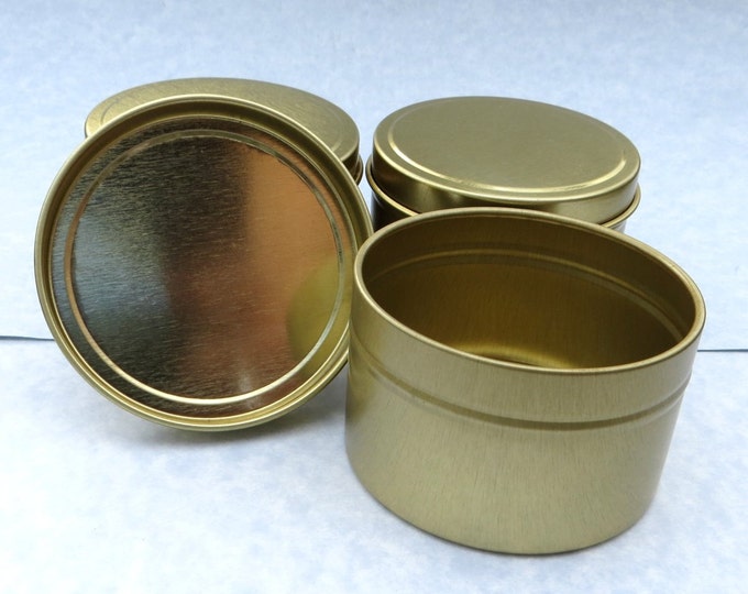 Gold Round Tin with Lid - 6 ounces Circle  - Use for Wedding Favors Candles or Gifts - Seamless and Food Safe - Set of 10