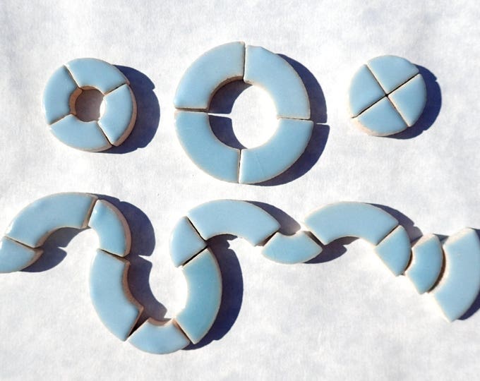 Light Blue Bullseye Mosaic Tiles - 50g Ceramic Circle Parts in Mix of 3 Sizes in Azure