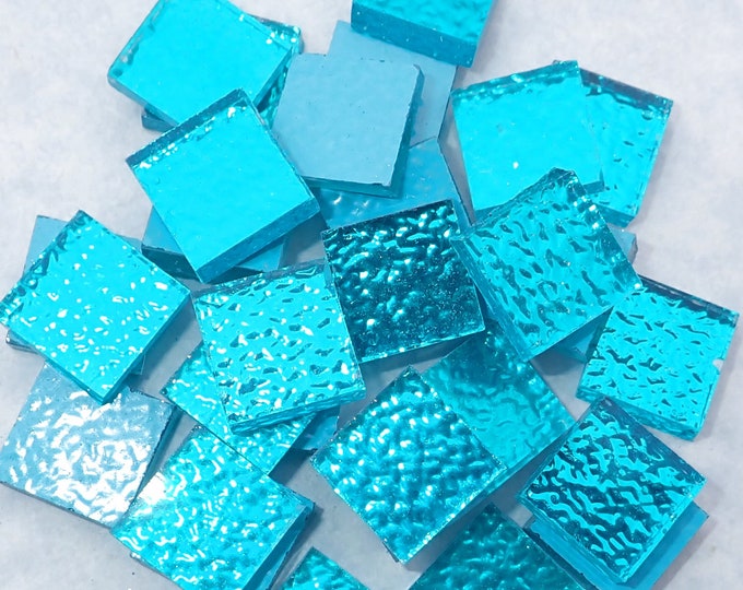 Blue Textured Mirror Glass Squares - 50g - 15mm