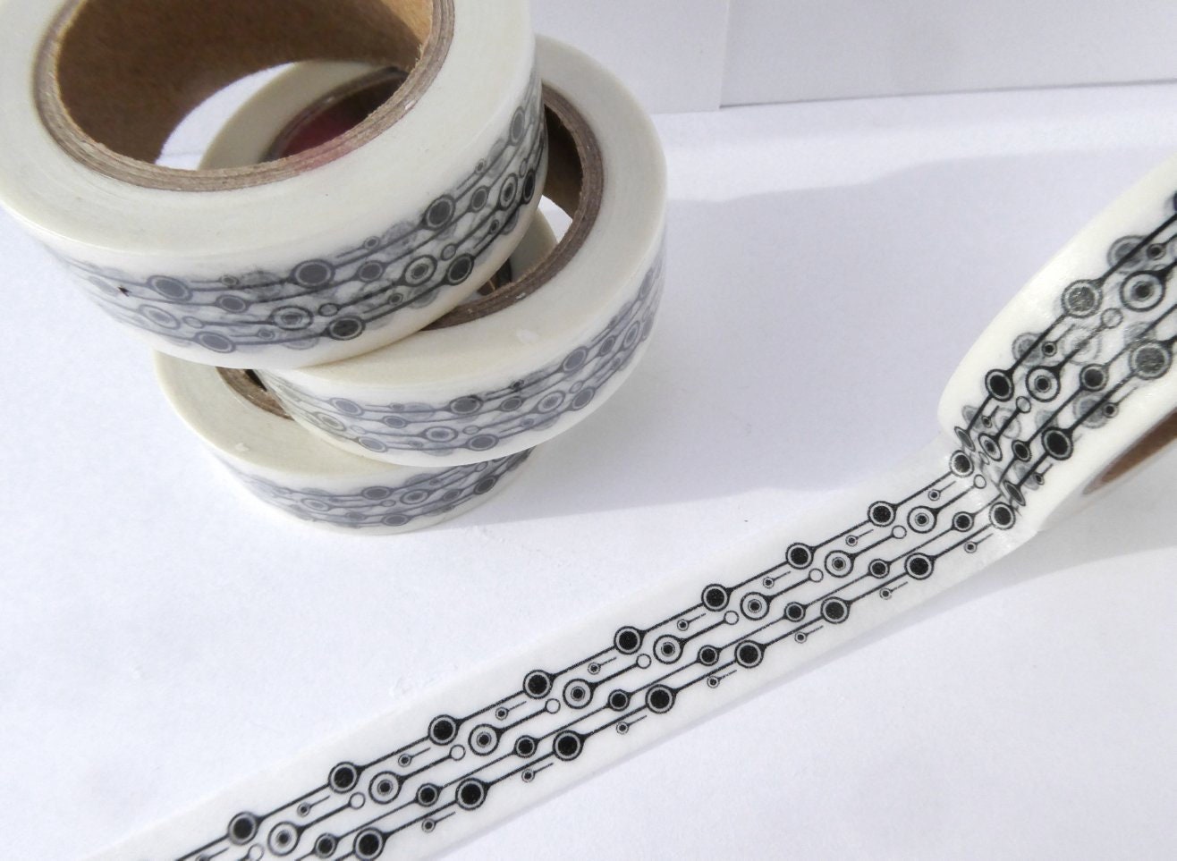 Modern Circles Washi Tape in Black and White - Art Deco Dots - Paper Tape  Great for Scrapbooking Paper Crafts and Decorations 15mm x 10m